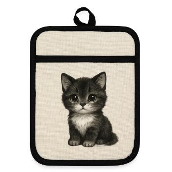 Chaton mignon dans un dessin mignon - Maniques avec dos en caoutchouc - lin/noir  - Devant