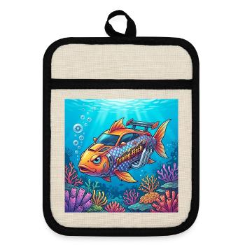 Tuning Fish - Pot holders with rubber back - linen/black  - Front
