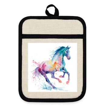 Regenbogen-Aquarellpferd - Topflappen mit Gummirückseite - Leinen/Schwarz  - Vorne