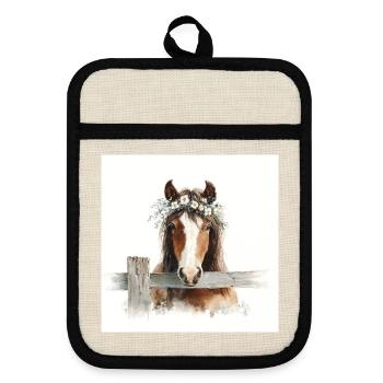Cheval aquarelle avec couronne florale - Maniques avec dos en caoutchouc - lin/noir  - Devant