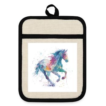 Rainbow Gallop Watercolor Horse - Pot holders with rubber back - linen/black  - Front