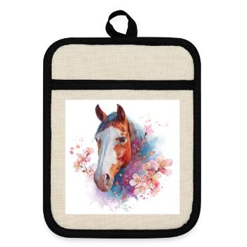 Cheval aquarelle avec des cerisiers en fleurs - Maniques avec dos en caoutchouc - lin/noir  - Devant