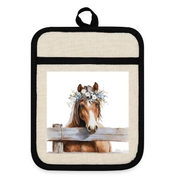 Floral Crowned Horse - Pot holders with rubber back - linen/black  - Front