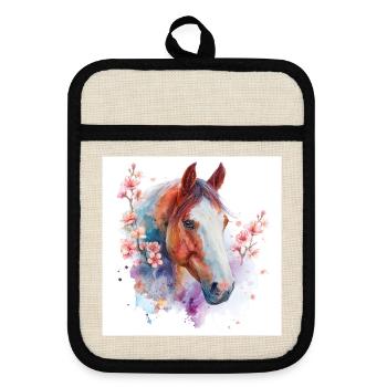 Aquarelle Cheval et Fleurs - Maniques avec dos en caoutchouc - lin/noir  - Devant