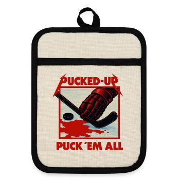 Pucked-Up Blood Red Hockey Graphic - Pot holders with rubber back - linen/black  - Front