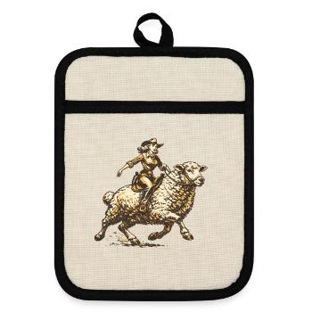 Western Rider on Sheep - Pot holders with rubber back - linen/black  - Front