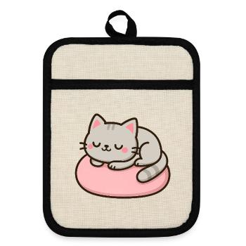Sweet Cat on Pink Cushion - Pot holders with rubber back - linen/black  - Front