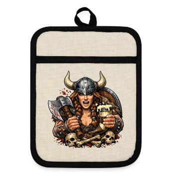 Guerrier viking avec casque et bière - Maniques avec dos en caoutchouc - lin/noir  - Devant