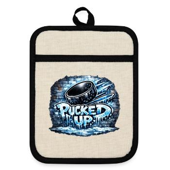 Pucked Up Graffiti Hockey - Pot holders with rubber back - linen/black  - Front