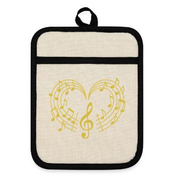 NEW -- Love In Every Note – Golden Musical Heart.  - Pot holders with rubber back - linen/black  - Front