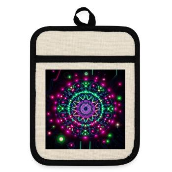 Motif de la Cyber Galaxie Néon Mandala - Maniques avec dos en caoutchouc - lin/noir  - Devant