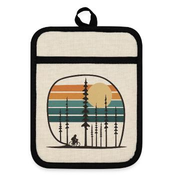 Forest Cycling in Retro Sunset Gift Idea Friends - Pot holders with rubber back - linen/black  - Front
