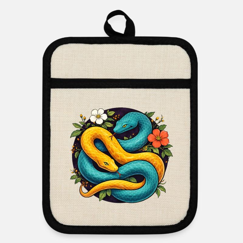 Two Python Snakes in Flower Ring - Pot holders with rubber back - linen/black 
