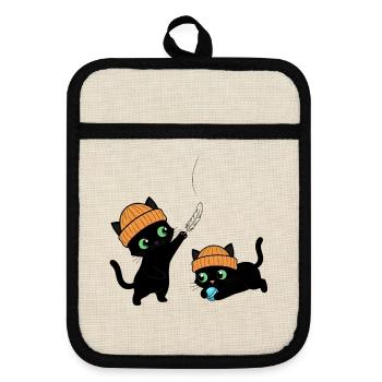 Two cute kittens playing. Unique. - Pot holders with rubber back - linen/black  - Front