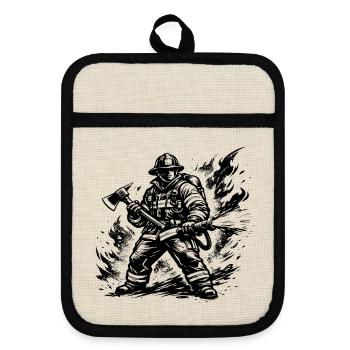 Heroic Firefighter Comic Style Black White - Pot holders with rubber back - linen/black  - Front