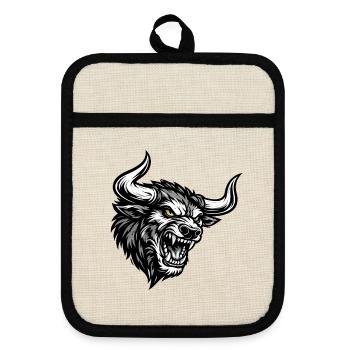Angry Bull Head – Aggressive Bull Logo - Pot holders with rubber back - linen/black  - Front