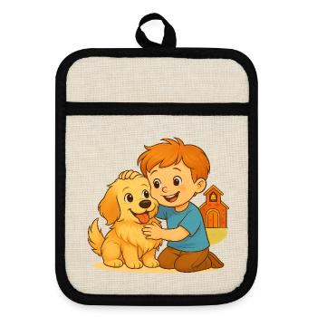 Fluffy and the Happy friend - Emotional Bond - Pot holders with rubber back - linen/black  - Front