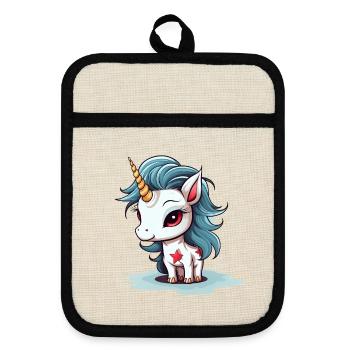 Licorne aux cheveux bleus avec des étoiles - Maniques avec dos en caoutchouc - lin/noir  - Devant