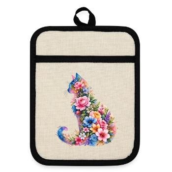 Cat Watercolor Flowers - Pot holders with rubber back - linen/black  - Front