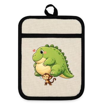 Monkey carrying dinosaur - Pot holders with rubber back - linen/black  - Front