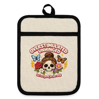 Overstimulated Unhinged Skull Patch Gift - Pot holders with rubber back - linen/black  - Front