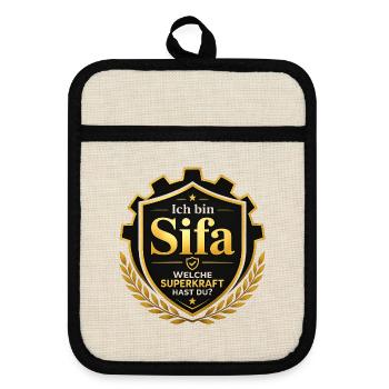 Ich bin Sifa – Welche Superkraft hast du? - Topflappen mit Gummirückseite - Leinen/Schwarz  - Vorne