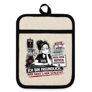 Kassa Offen Nerven Geschlossen - Topflappen mit Gummirückseite - Leinen/Schwarz  - Vorne