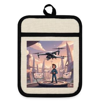 Drone Pilot in Neon Town - Pot holders with rubber back - linen/black  - Front