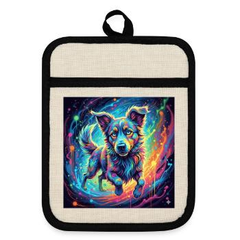 Un chien néon dans un tourbillon de couleurs - Maniques avec dos en caoutchouc - lin/noir  - Devant