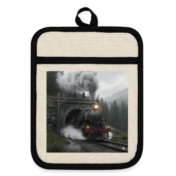 Steam train through the forest at the tunnel - Pot holders with rubber back - linen/black  - Front