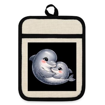 Mom dolphin and her baby cuddle together - Pot holders with rubber back - linen/black  - Front