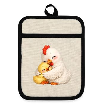 Maman Poule câline son bébé - Maniques avec dos en caoutchouc - lin/noir  - Devant
