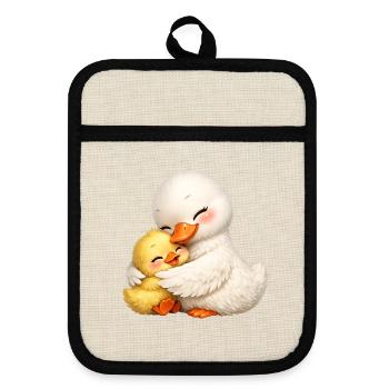 Mom duck cuddles with her baby - Pot holders with rubber back - linen/black  - Front