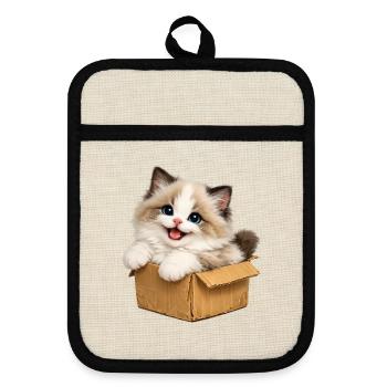Happy kitten is in box - Pot holders with rubber back - linen/black  - Front