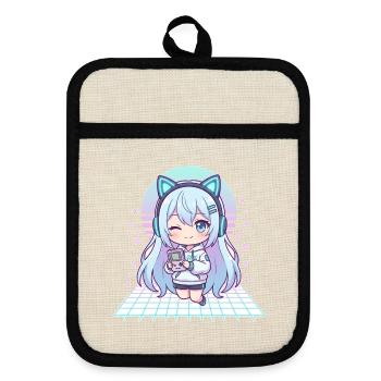 Kawaii gamer with cat ears - Pot holders with rubber back - linen/black  - Front