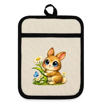 Cute bunny on flower meadow - Pot holders with rubber back - linen/black  - Front