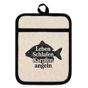 Karpfenleben: Schlafen und Angeln - Topflappen mit Gummirückseite - Leinen/Schwarz  - Vorne