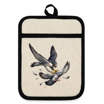 Peregrine falcon catches pigeon - Pot holders with rubber back - linen/black  - Front
