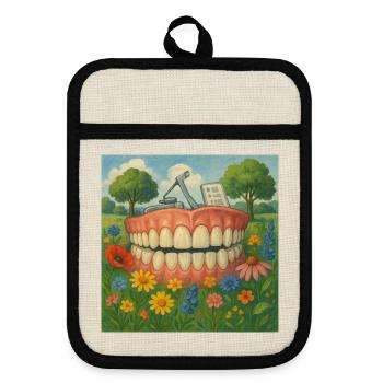 Surreal row of teeth in the flower garden - Pot holders with rubber back - linen/black  - Front