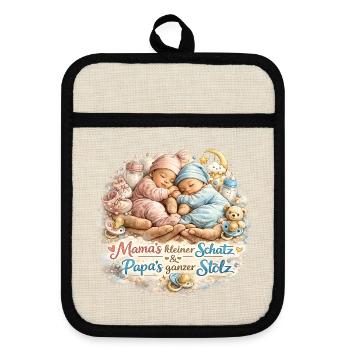 Kleiner Schatz: Mamas Liebe, Papas Stolz - Topflappen mit Gummirückseite - Leinen/Schwarz  - Vorne