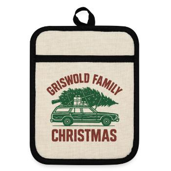 Vintage Familienweihnacht Auto - Topflappen mit Gummirückseite - Leinen/Schwarz  - Vorne