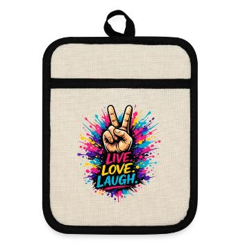 Peace Color Splash – Live Love Laugh - Topflappen mit Gummirückseite - Leinen/Schwarz  - Vorne