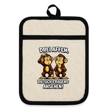 Drei Affen die sich fragend ansehen  - Topflappen mit Gummirückseite - Leinen/Schwarz  - Vorne