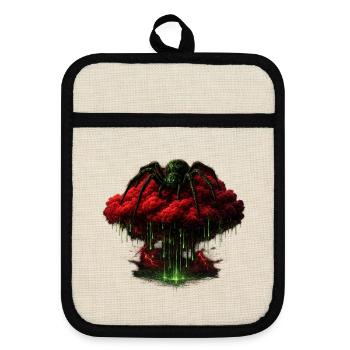 Green spider magic over red cloud - Pot holders with rubber back - linen/black  - Front