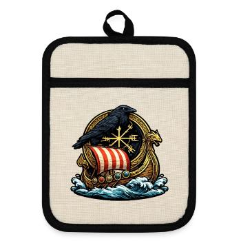 Rabenruder Viking-Schiff Emblem - Topflappen mit Gummirückseite - Leinen/Schwarz  - Vorne