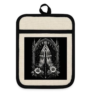 Alchemical Hands in Prayer and Mystical Eye - Pot holders with rubber back - linen/black  - Front