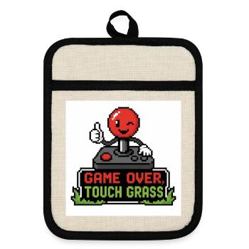 Game Over Touch Grass Pixel - Pot holders with rubber back - linen/black  - Front