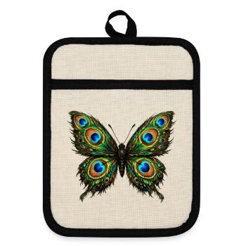 Butterfly with Peacock Feathers 1 - Pot holders with rubber back - linen/black  - Front