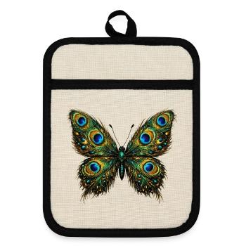 Butterfly with peacock feathers 2 - Pot holders with rubber back - linen/black  - Front