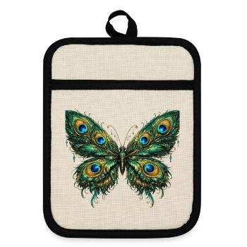 Butterfly with peacock feathers 3 - Pot holders with rubber back - linen/black  - Front